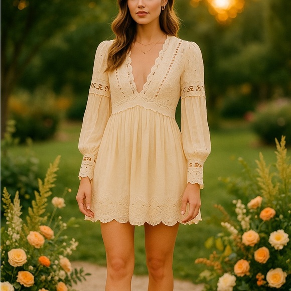 Free People Lace Mini long sleeve Dress Cream Eyelet Boho Coastal Romantic - Picture 2 of 7